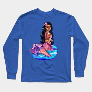 Mermaid Pacific princess  2 with rainbow coloured colored fins, hibiscus, outstretched  arm, brown eyes, Curly hair  and caramel brown skin - light background Long Sleeve T-Shirt